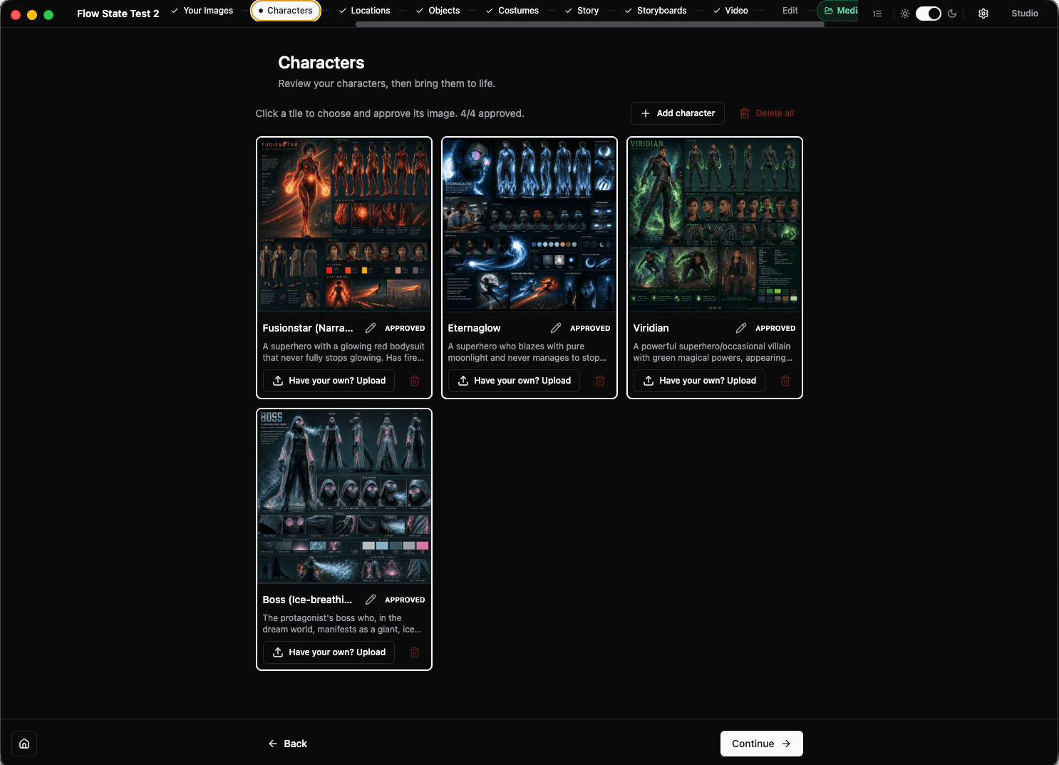 Fiction.show characters — review and approve auto-generated character sheets for your cast