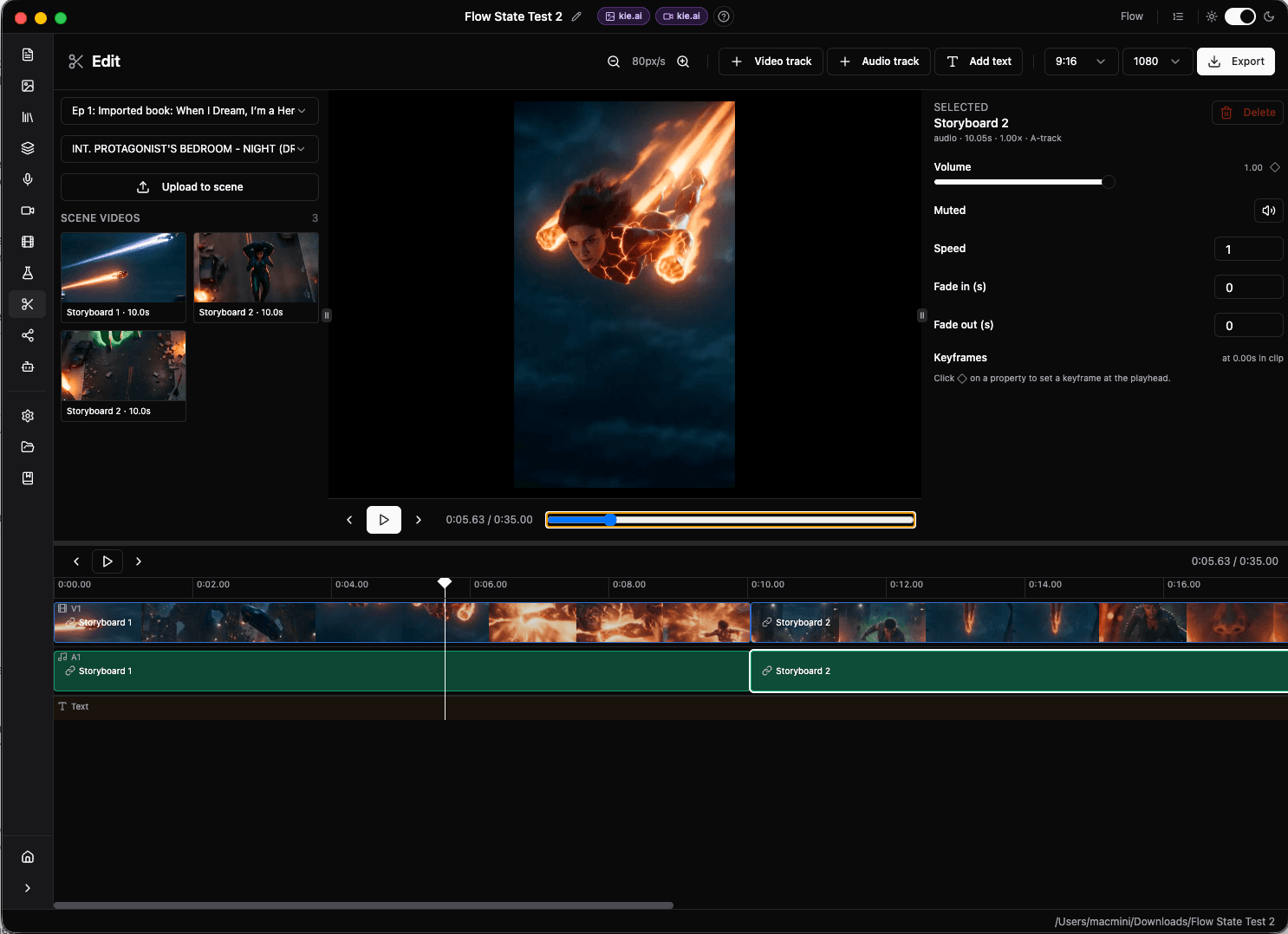 Fiction.show editor — assemble your generated clips on a timeline with audio and text into the finished episode