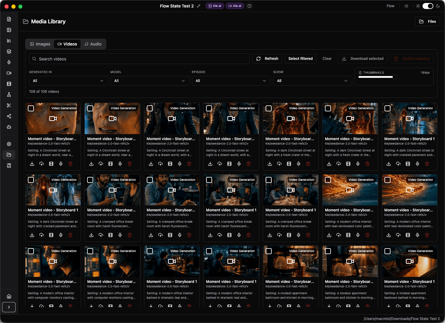 Fiction.show media library — every generated clip for the project in one place, ready to edit