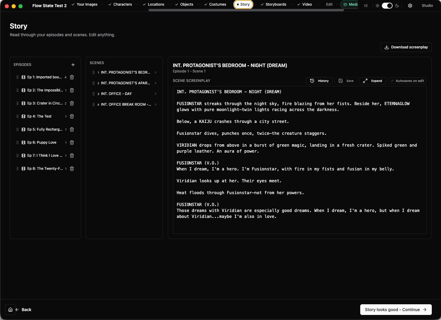 Fiction.show story view — read and edit your episodes and scenes as a screenplay