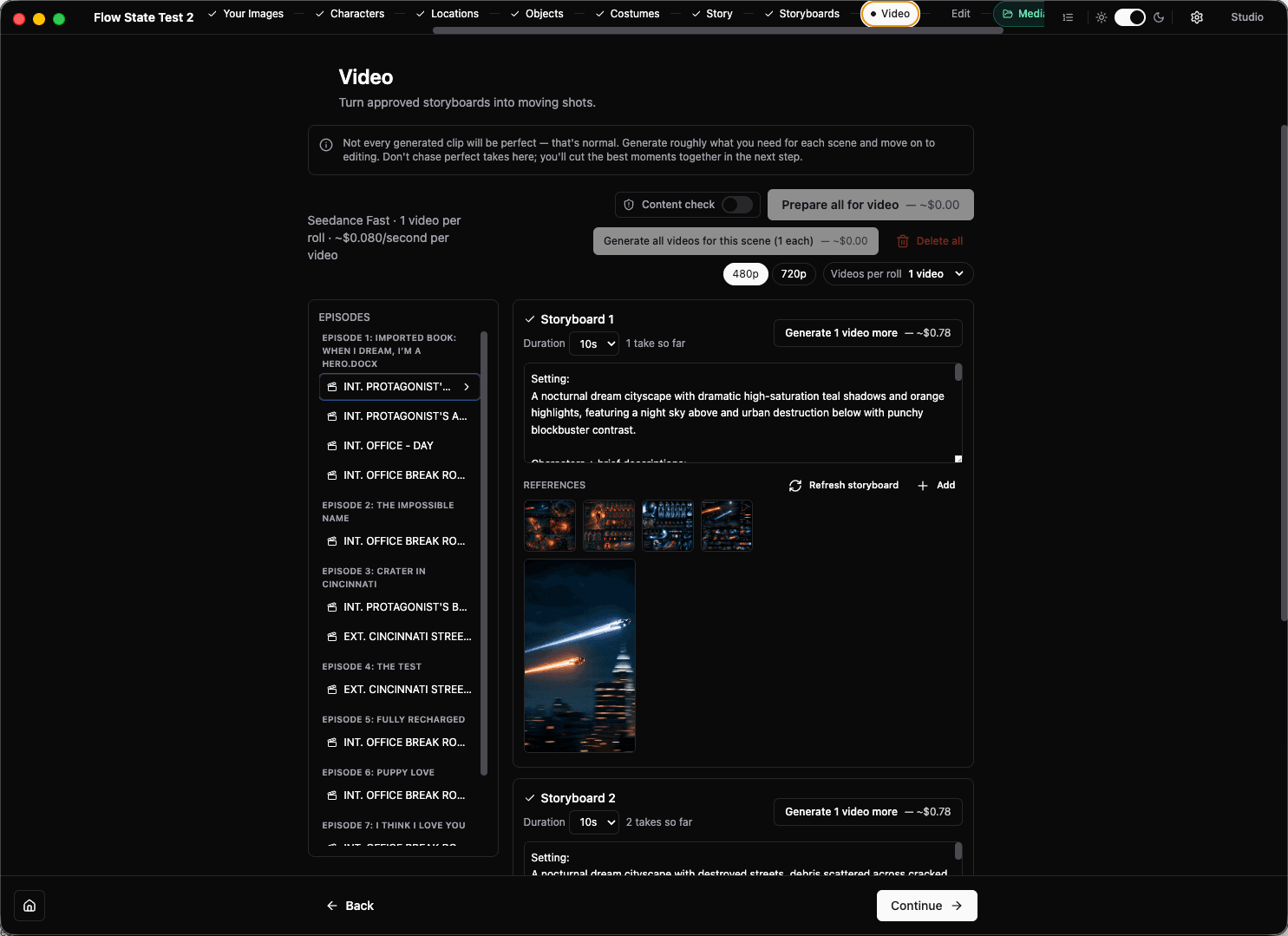 Fiction.show video stage — turn approved storyboards into generated video shots, scene by scene